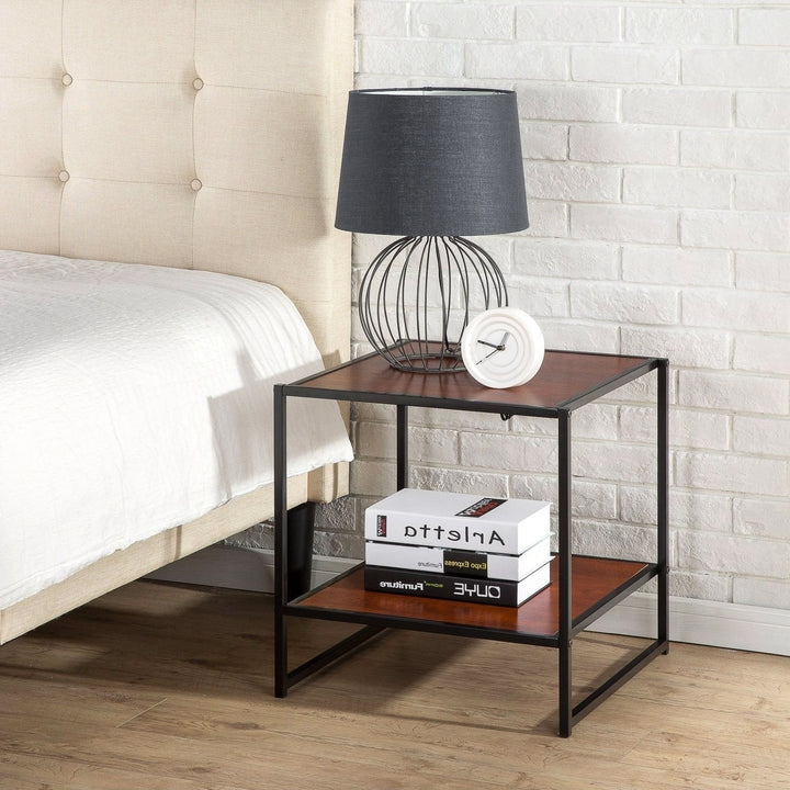 Modern Steel Frame End Table Nightstand in Brown Image 2