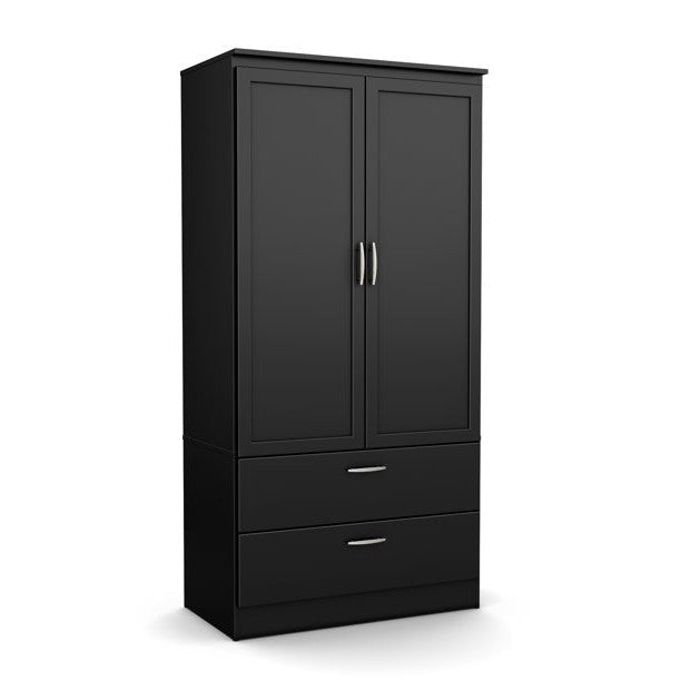 Modern Two Door Wardrobe Armoire with Two Drawers and Hanging Rod Storage, Black Image 1