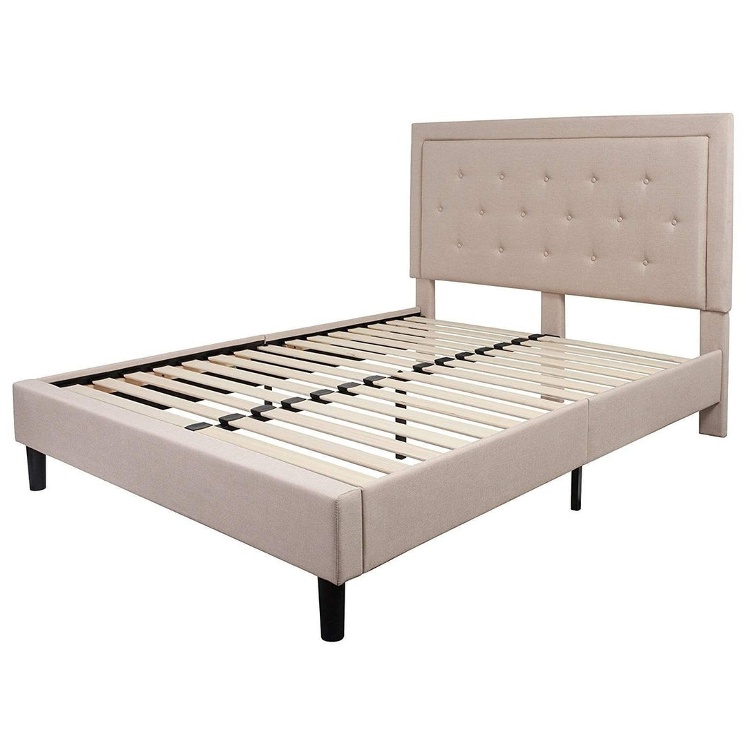 Queen Beige Upholstered Platform Bed Frame with Button Tufted Headboard Image 1