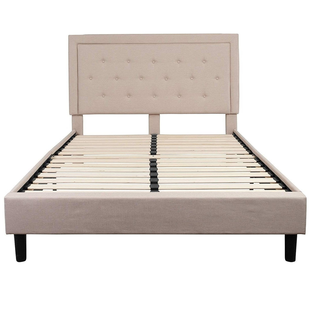 Queen Beige Upholstered Platform Bed Frame with Button Tufted Headboard Image 2