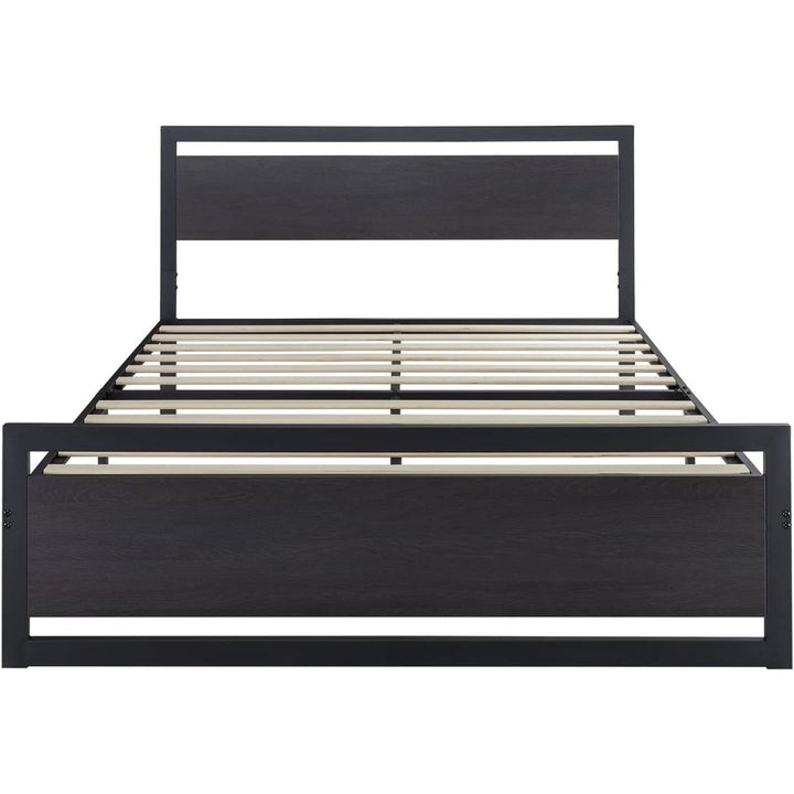 Queen Black Metal Platform Bed Frame with Wood Panel Headboard and Footboard Image 1