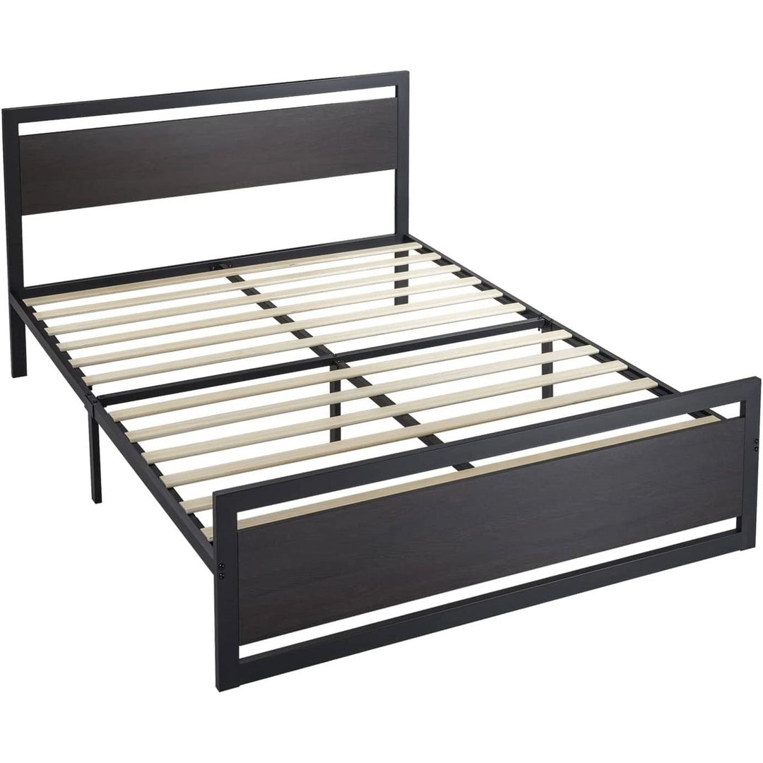 Queen Black Metal Platform Bed Frame with Wood Panel Headboard and Footboard Image 2