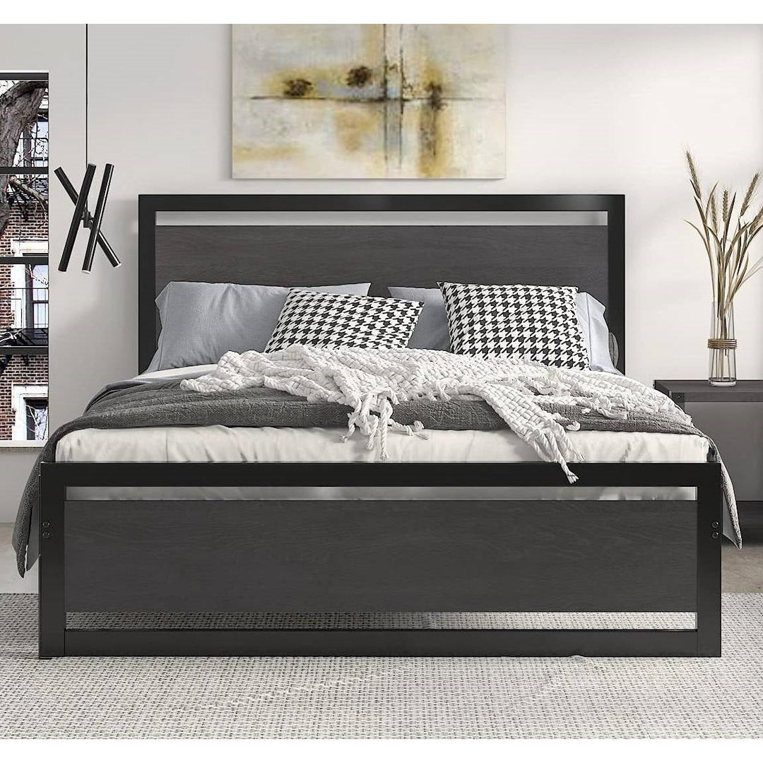 Queen Black Metal Platform Bed Frame with Wood Panel Headboard and Footboard Image 3