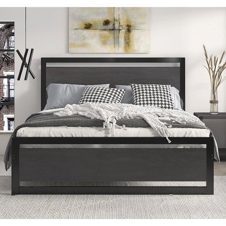 Queen Black Metal Platform Bed Frame with Wood Panel Headboard and Footboard Image 3