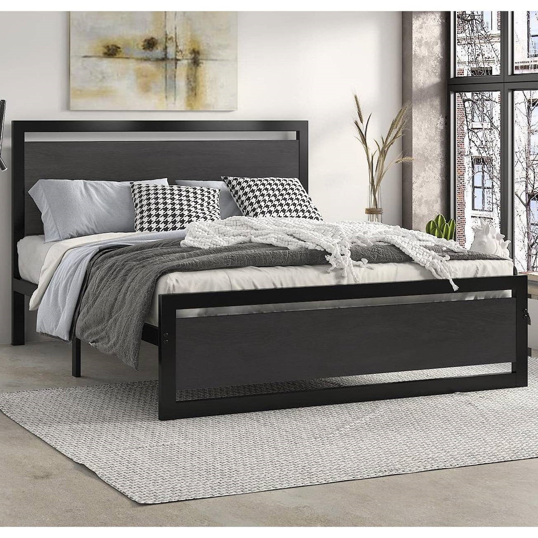 Queen Black Metal Platform Bed Frame with Wood Panel Headboard and Footboard Image 4