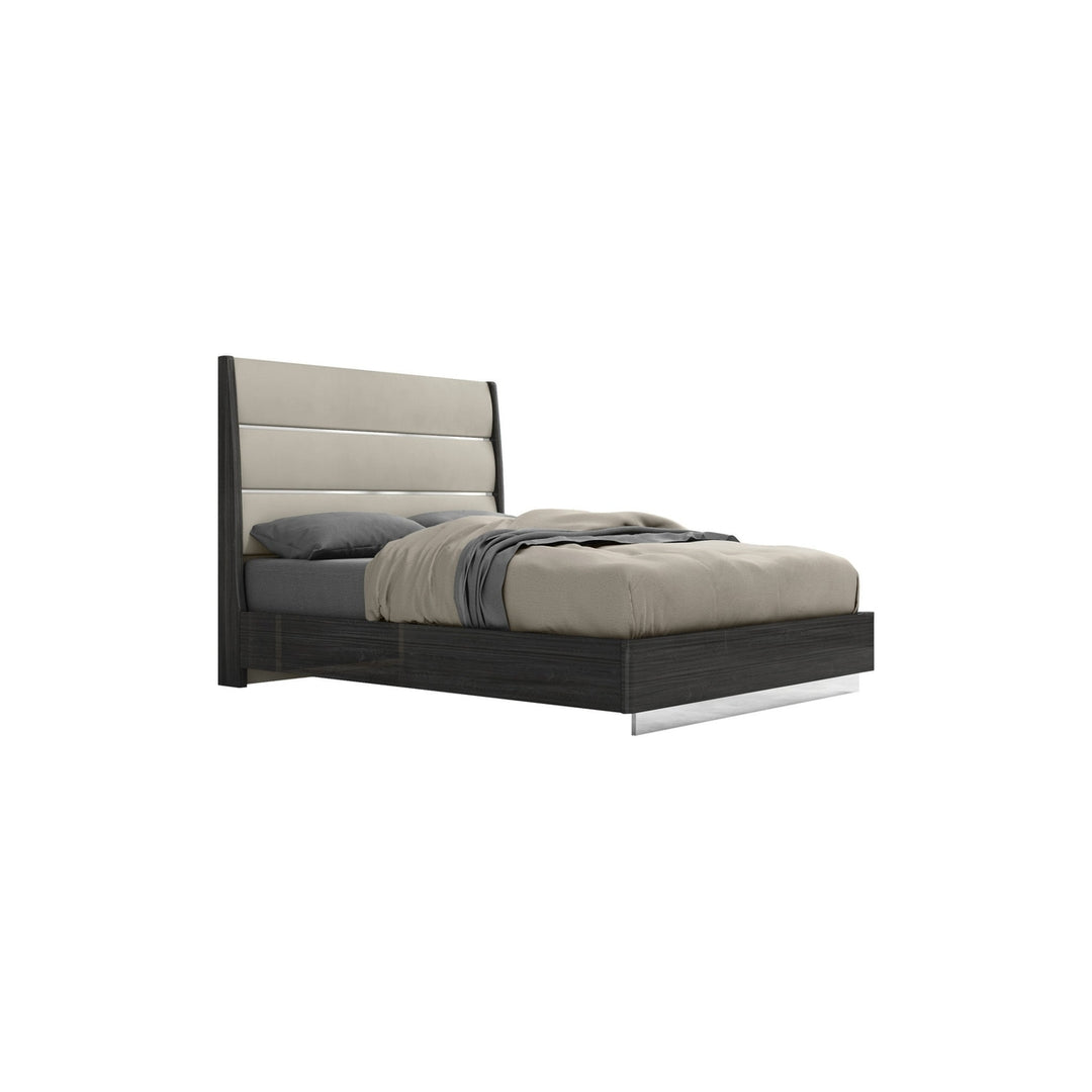 Queen Dark Grey High Gloss Bed Frame with Faux Leather Headboard Image 1