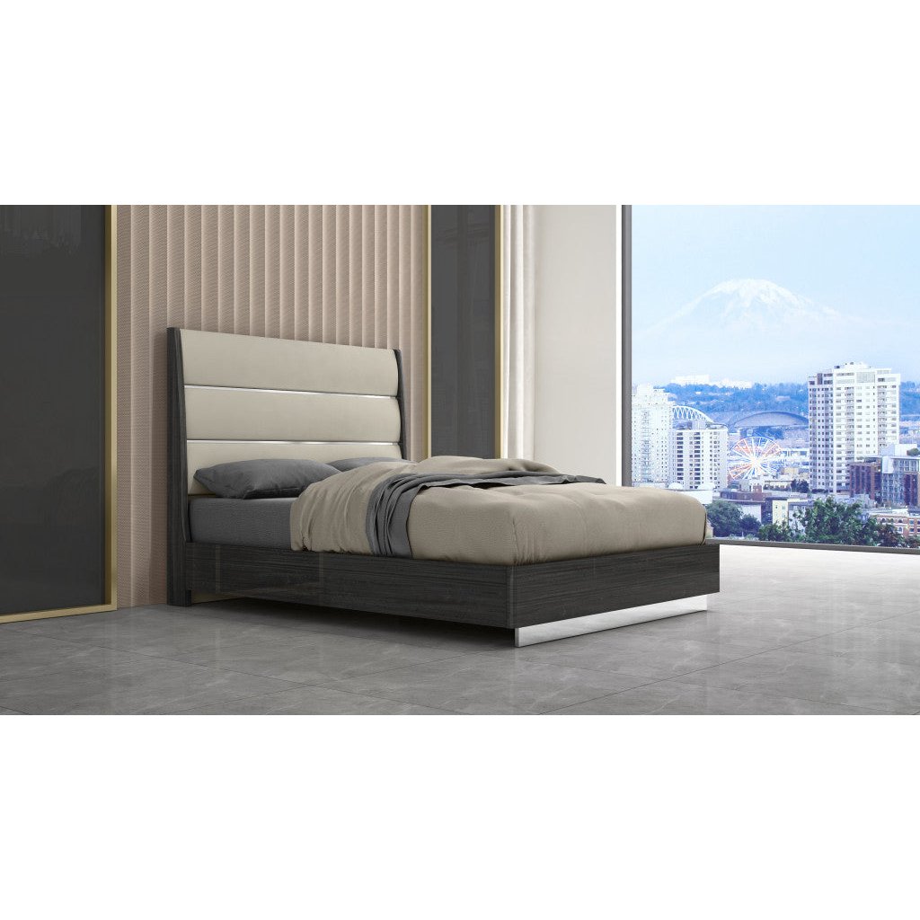 Queen Dark Grey High Gloss Bed Frame with Faux Leather Headboard Image 6