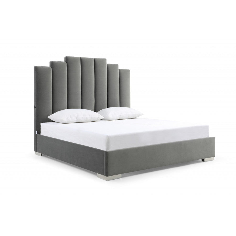 Queen Grey Upholstered Vertical Channel Velvet Bed with USB Image 1