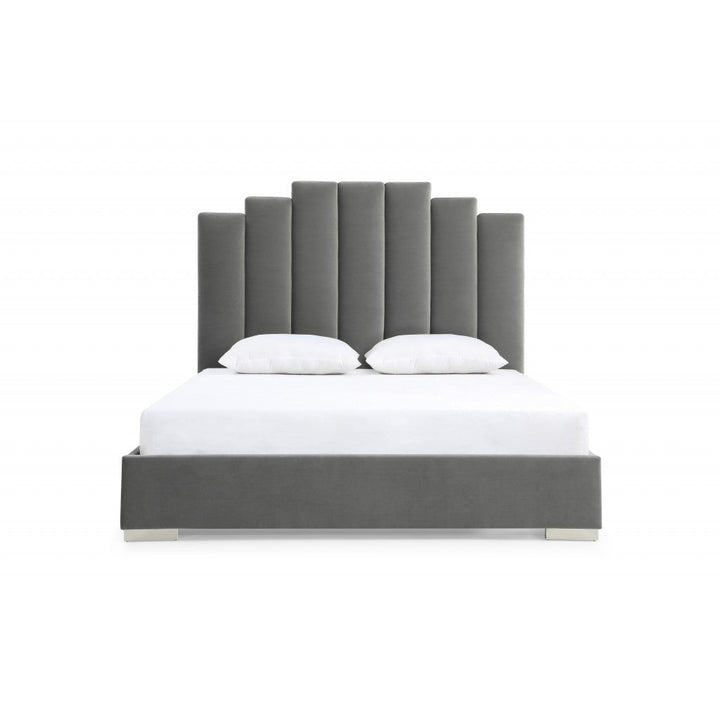 Queen Grey Upholstered Vertical Channel Velvet Bed with USB Image 2