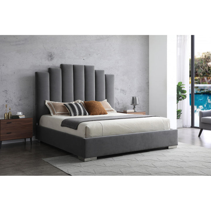 Queen Grey Upholstered Vertical Channel Velvet Bed with USB Image 3