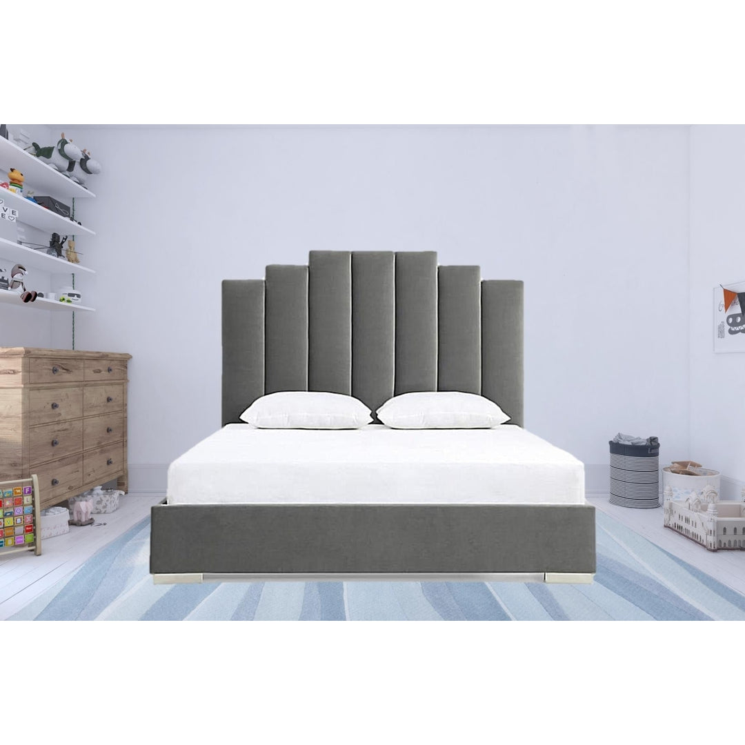 Queen Grey Upholstered Vertical Channel Velvet Bed with USB Image 5