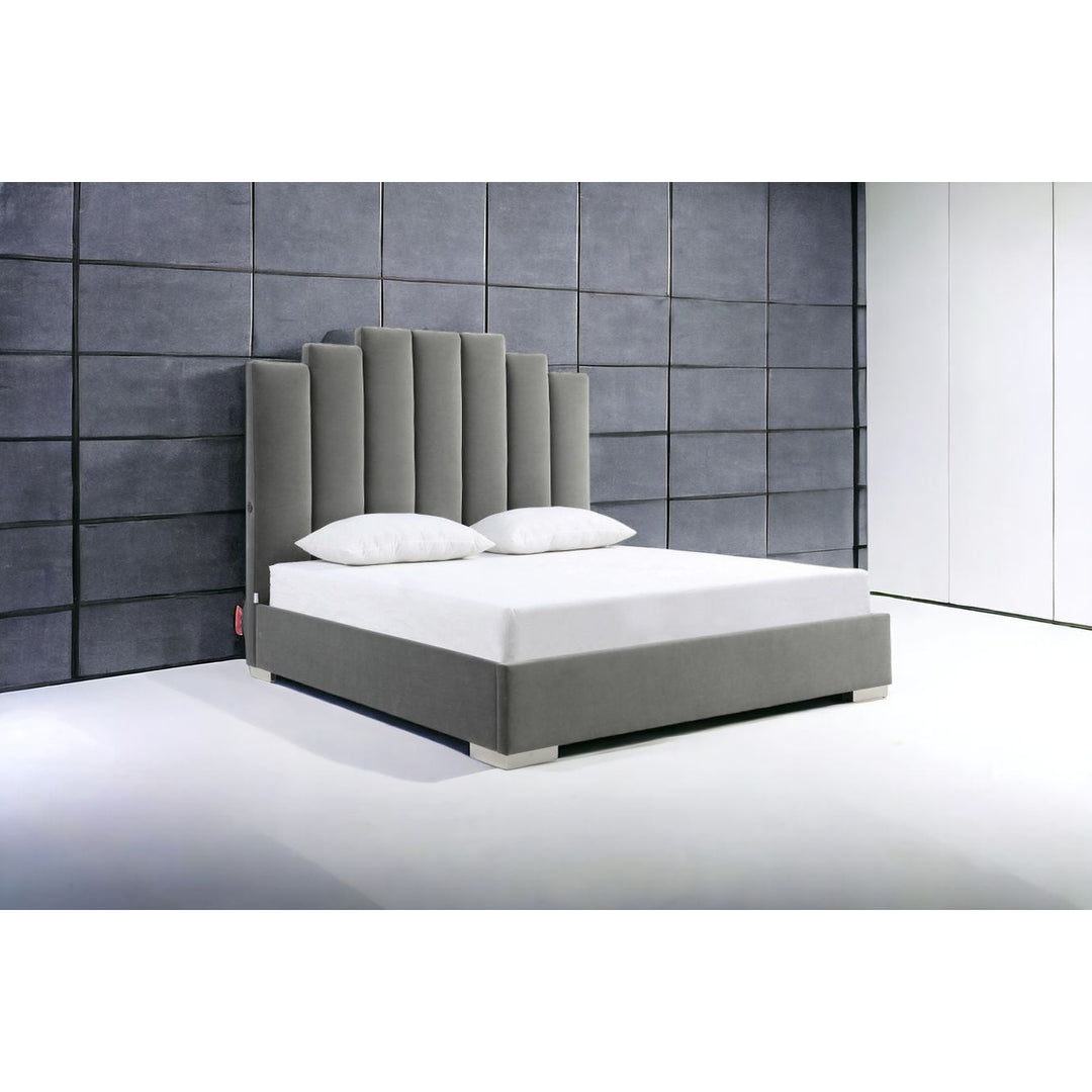 Queen Grey Upholstered Vertical Channel Velvet Bed with USB Image 6