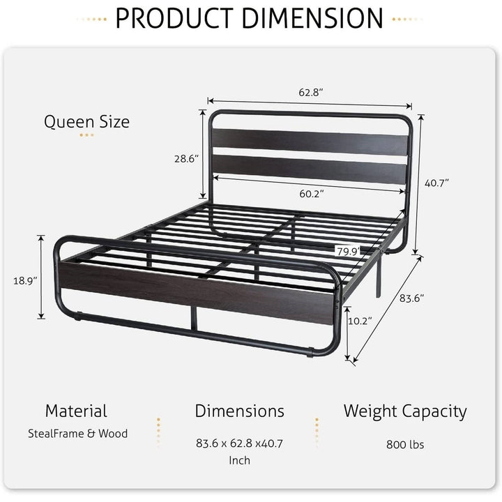 Queen Heavy Duty Round Metal Frame Platform Bed with Black Wood Panel Headboard Image 5