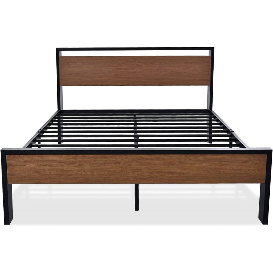 Queen Metal Platform Bed with Walnut Finish Wood Panel Headboard Footboard Image 1