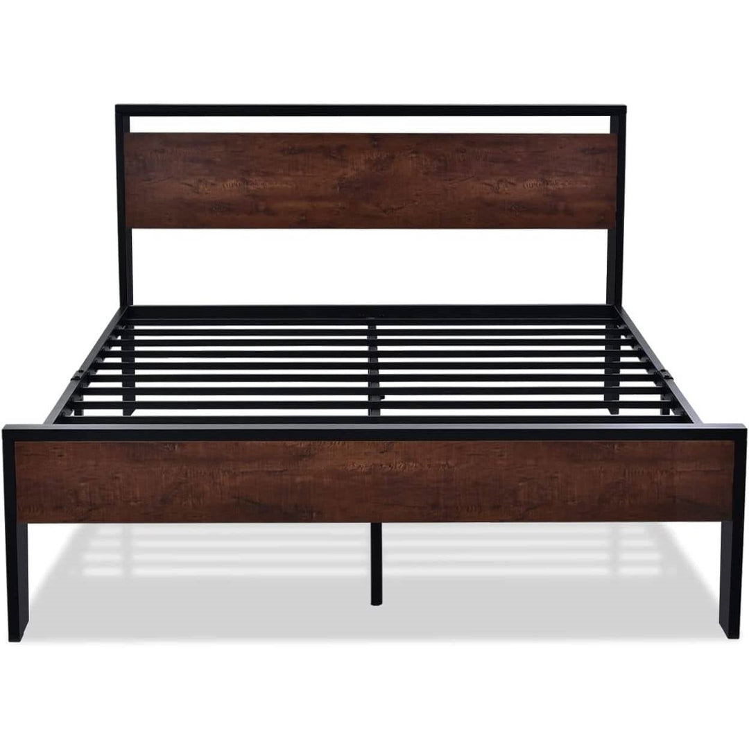 Queen Metal Platform Bed Frame with Mahogany Wood Panel Headboard Footboard Image 2