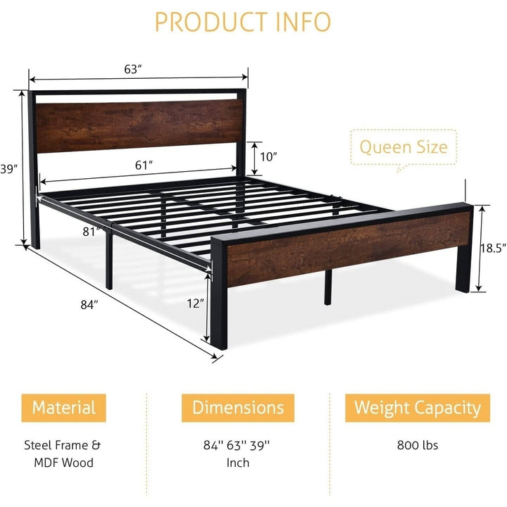 Queen Metal Platform Bed Frame with Mahogany Wood Panel Headboard Footboard Image 4