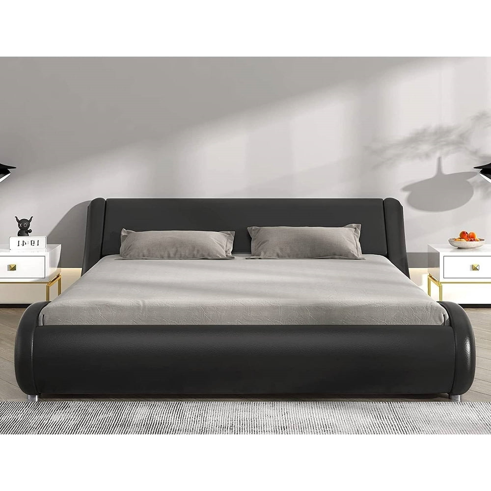 Queen Modern Black Faux Leather Upholstered Platform Bed Frame with Headboard Image 2