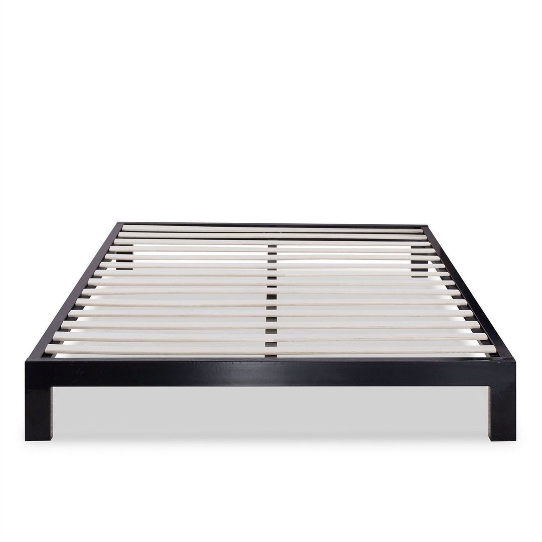 Queen Modern Black Metal Platform Bed Frame with Wooden Slats Image 1