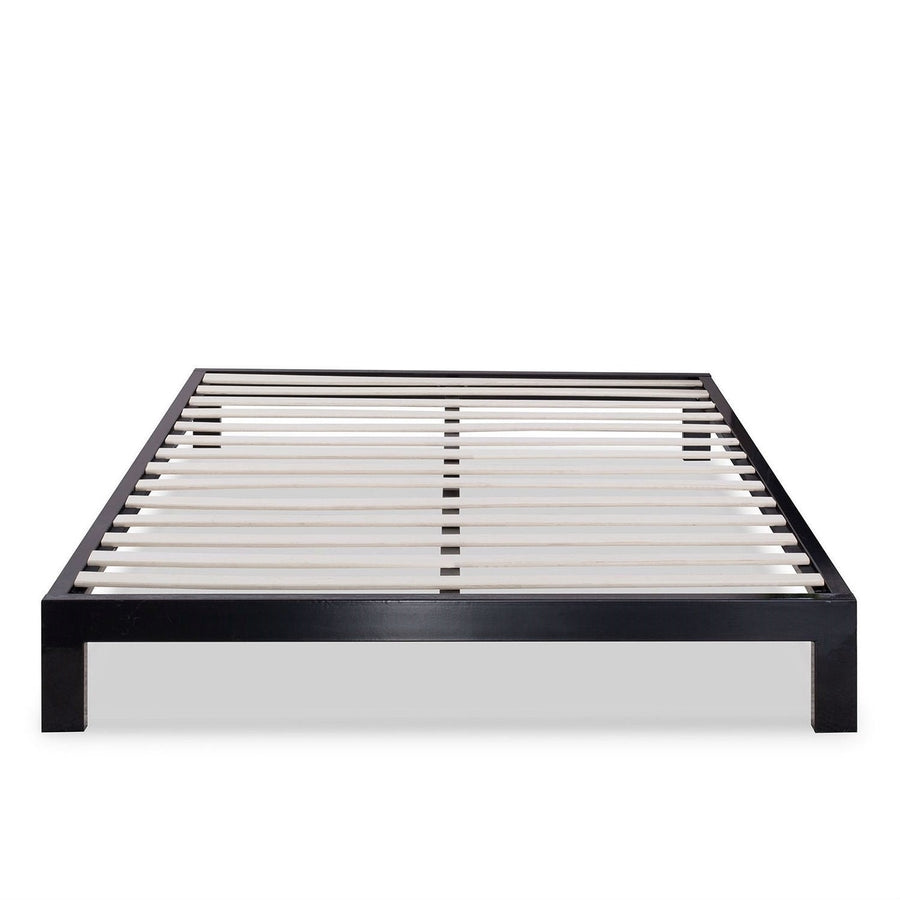 Queen Modern Black Metal Platform Bed Frame with Wooden Slats Image 1