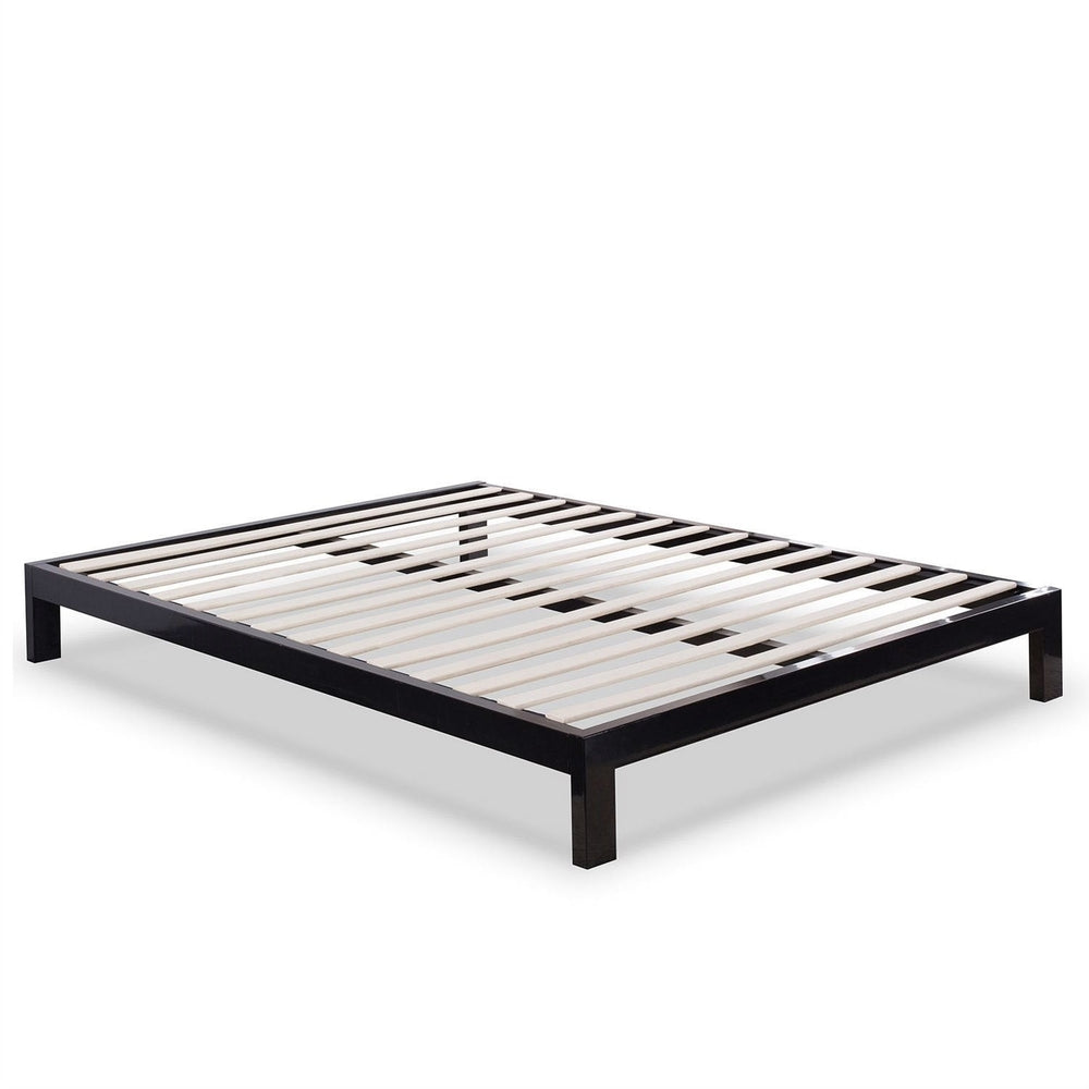 Queen Modern Black Metal Platform Bed Frame with Wooden Slats Image 2