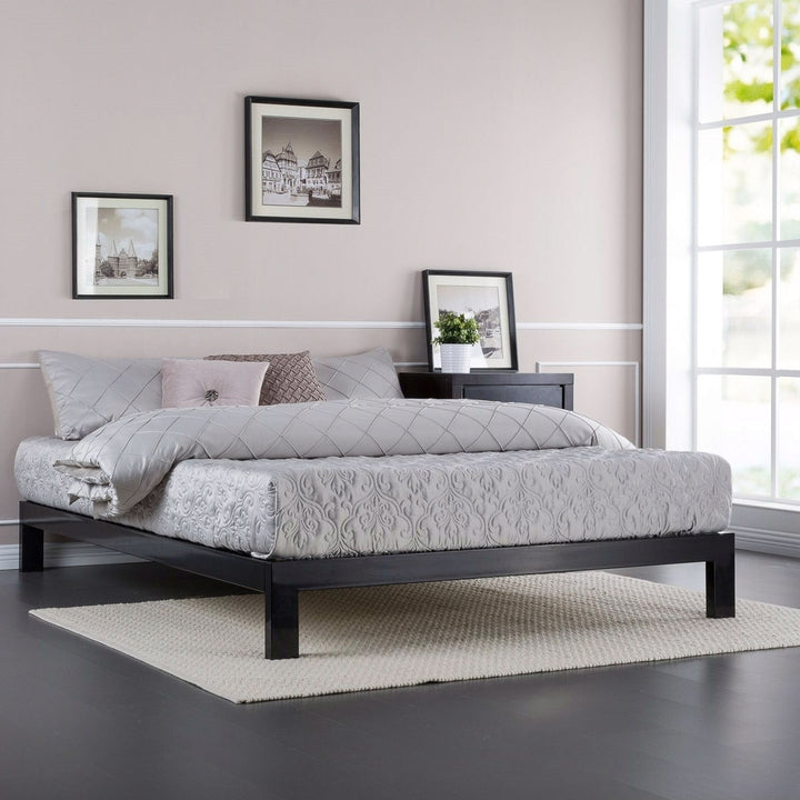 Queen Modern Black Metal Platform Bed Frame with Wooden Slats Image 3