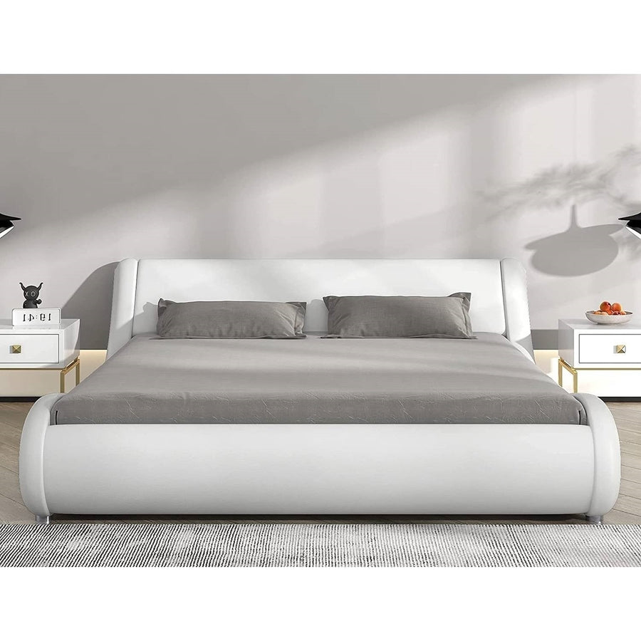 Queen Modern White Faux Leather Upholstered Platform Bed Frame with Headboard Image 1