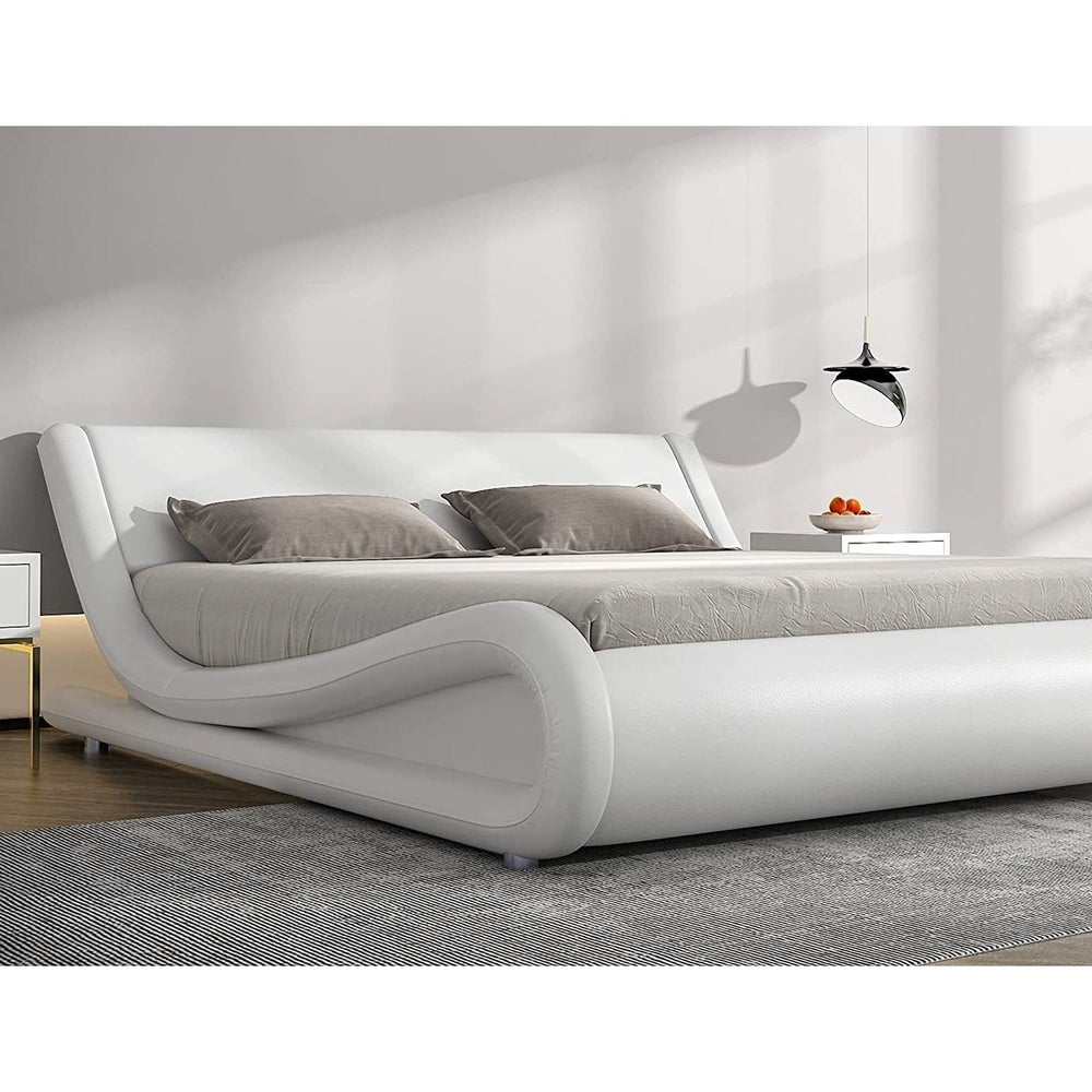 Queen Modern White Faux Leather Upholstered Platform Bed Frame with Headboard Image 2