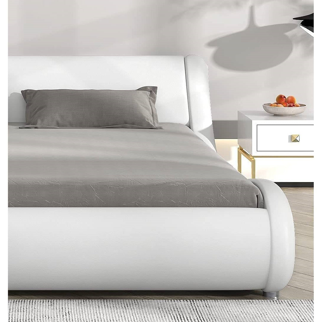 Queen Modern White Faux Leather Upholstered Platform Bed Frame with Headboard Image 3