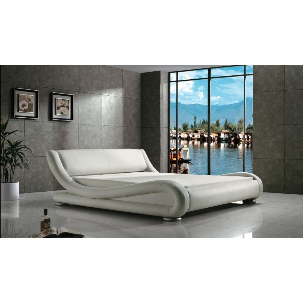 Queen Modern White Upholstered Platform Bed with Curved Sides and Headboard Image 1