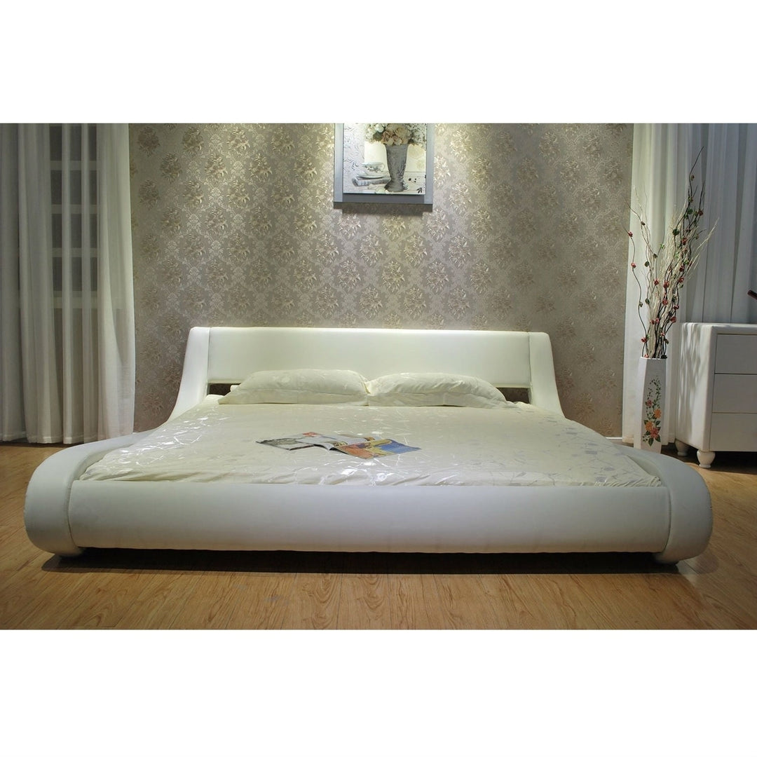 Queen Modern White Upholstered Platform Bed with Curved Sides and Headboard Image 2