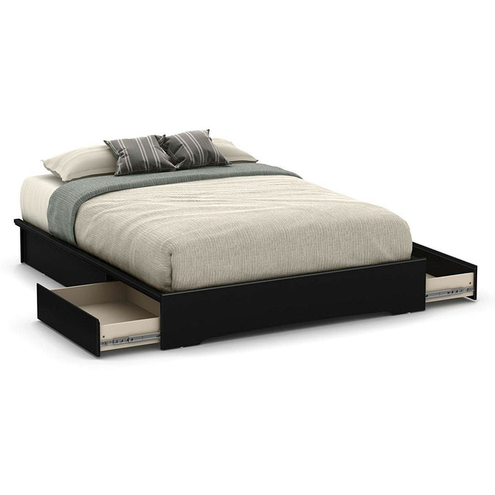 Queen Platform Bed Frame with 2 Storage Drawers in Black Wood Finish Image 1