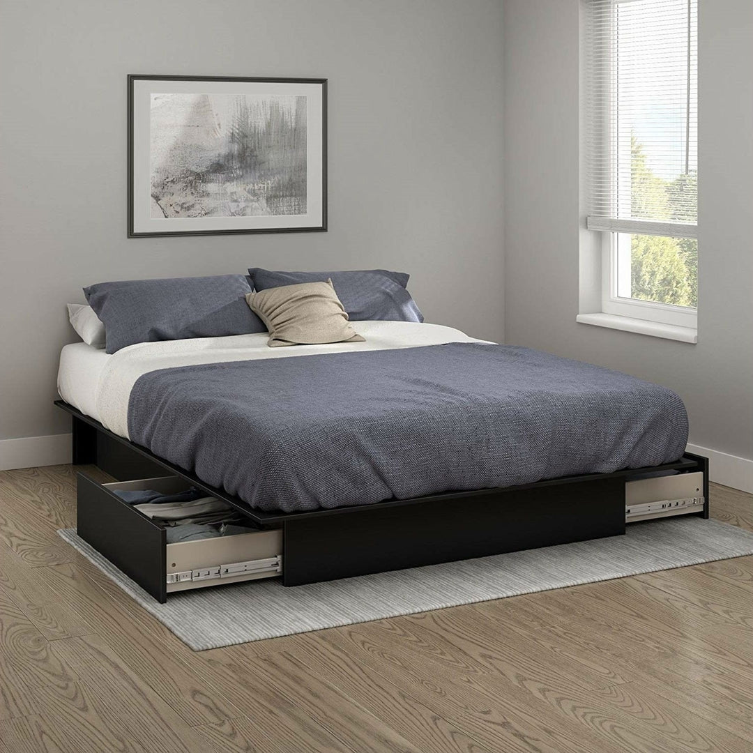 Queen Platform Bed Frame with 2 Storage Drawers in Black Wood Finish Image 2