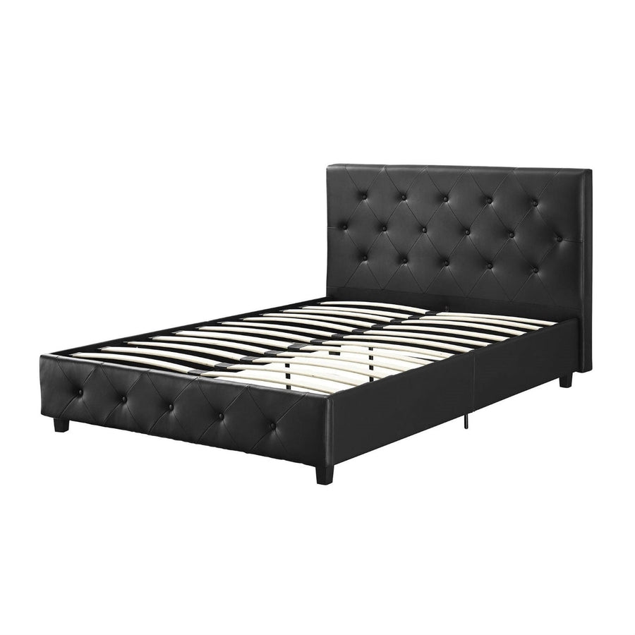 Queen size Black Faux Leather Upholstered Platform Bed with Button Tufted Headboard Image 1