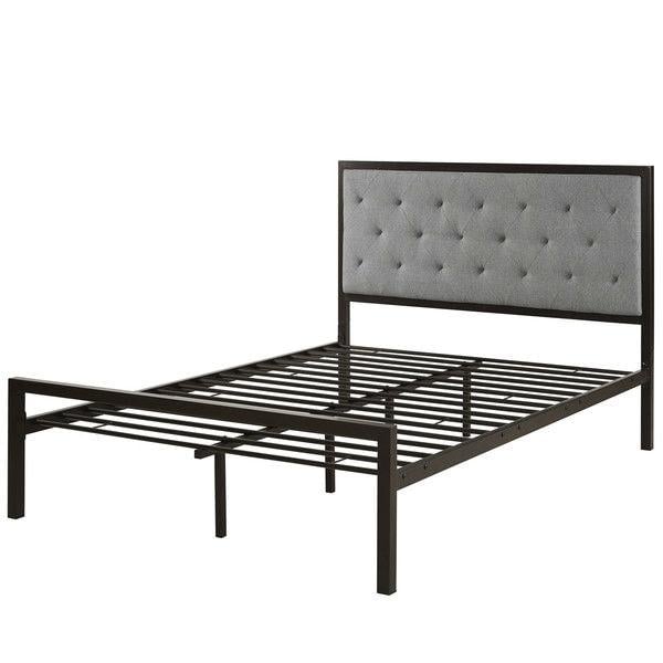 Queen size Contemporary Metal Platform Bed with Grey Upholstered Headboard Image 1