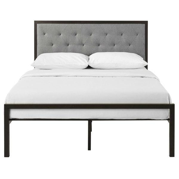 Queen size Contemporary Metal Platform Bed with Grey Upholstered Headboard Image 2