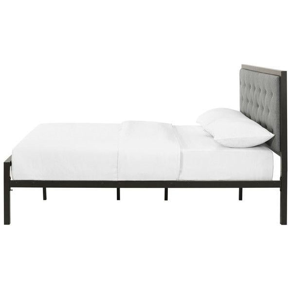 Queen size Contemporary Metal Platform Bed with Grey Upholstered Headboard Image 3