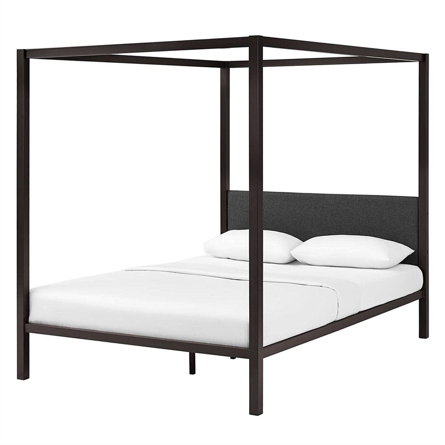 Queen size Brown Metal Canopy Bed Frame with Grey Upholstered Headboard Image 1