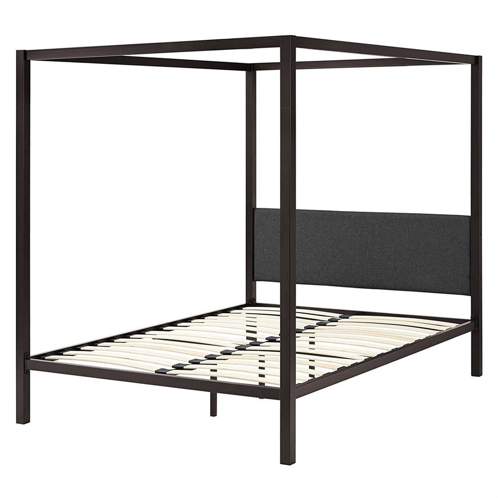 Queen size Brown Metal Canopy Bed Frame with Grey Upholstered Headboard Image 2