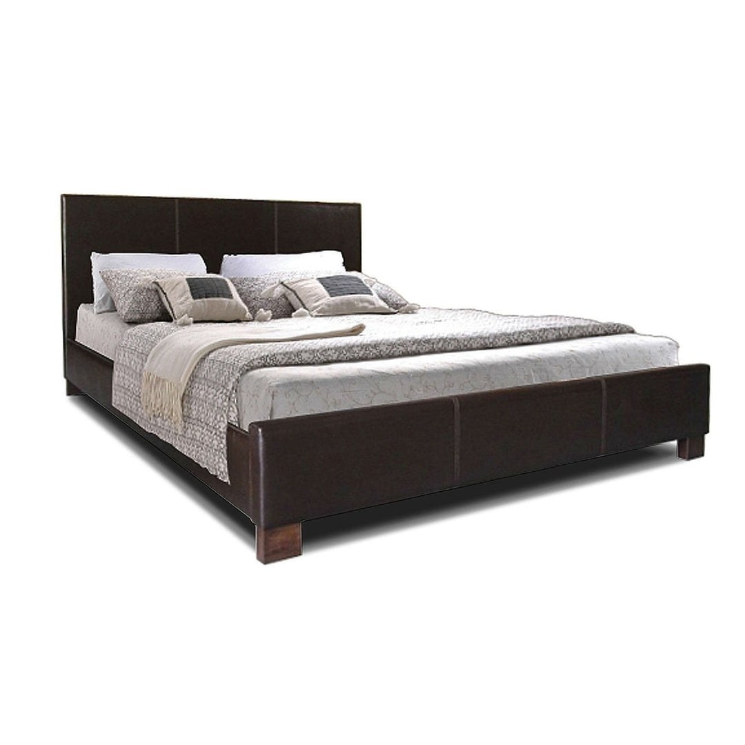 Queen size Dark Brown Faux Leather Upholstered Platform Bed Frame with Headboard Image 1