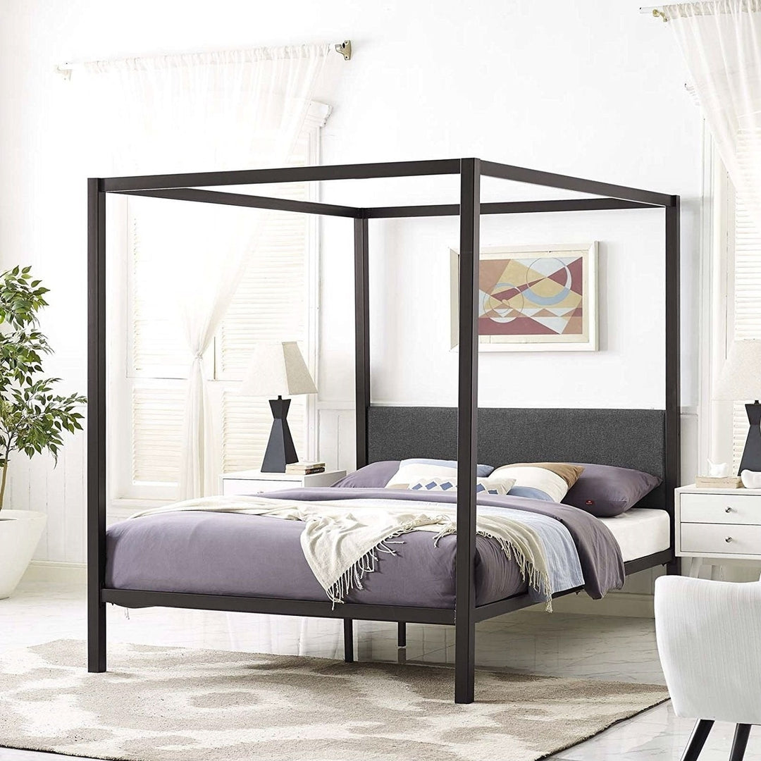 Queen size Brown Metal Canopy Bed Frame with Grey Upholstered Headboard Image 4