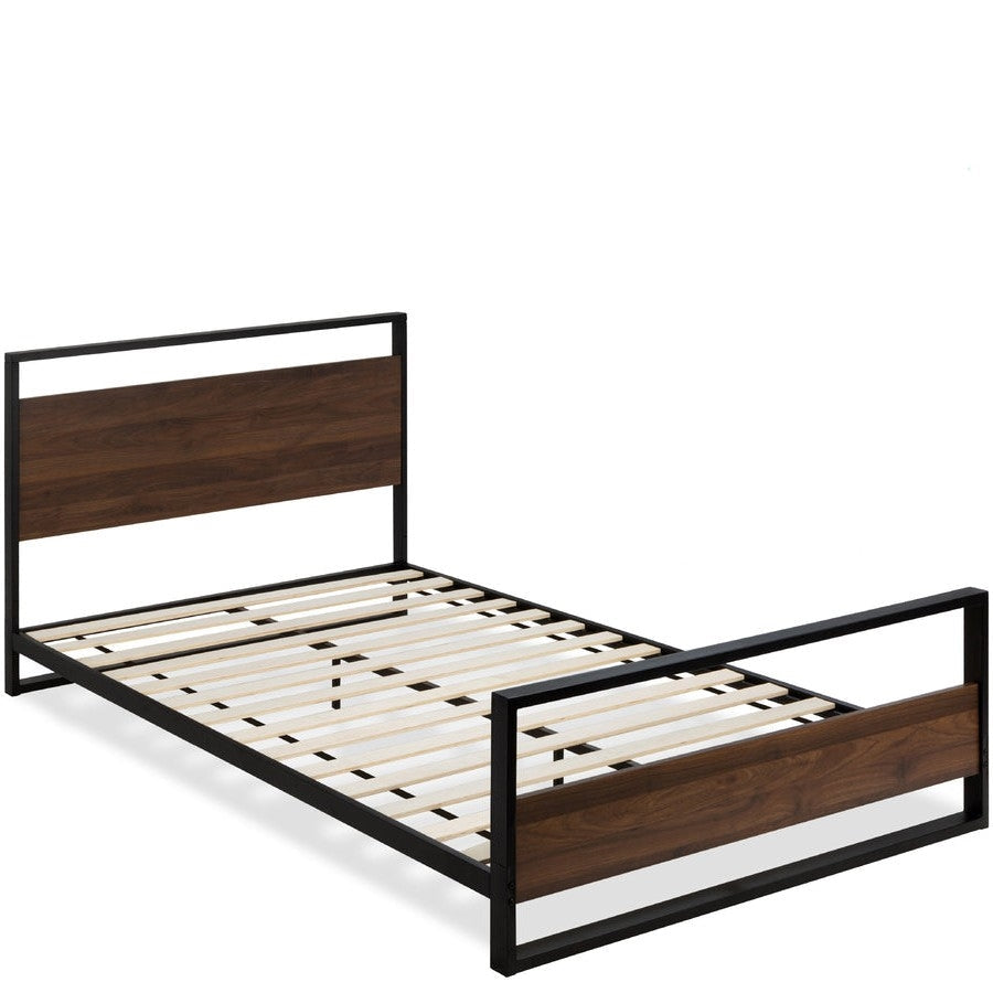 Queen size Farmhouse Metal Wood Platform Bed Frame with Headboard Footboard Image 1