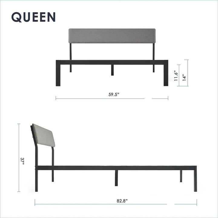 Queen Size Grey Soft Fabric Metal Headboard Platform Bed Wooden Slats Image 2