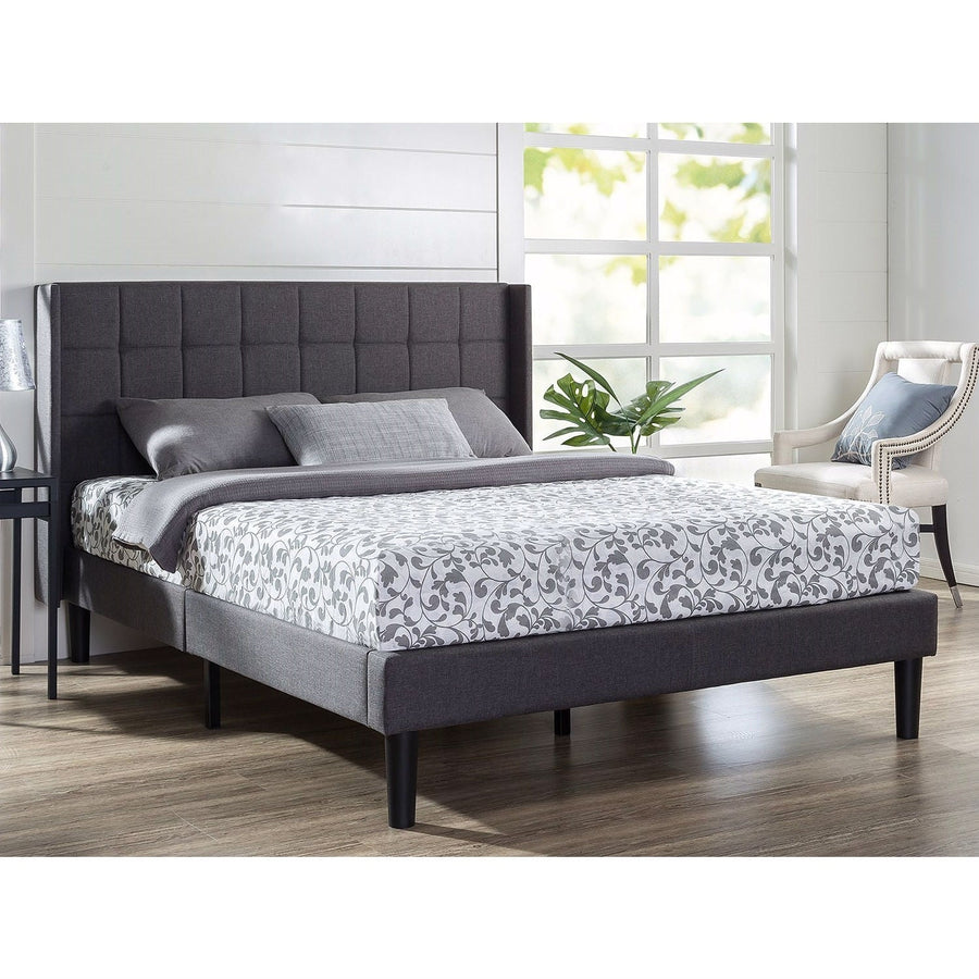 Queen size Grey Wingback Upholstered Platform Bed Image 1