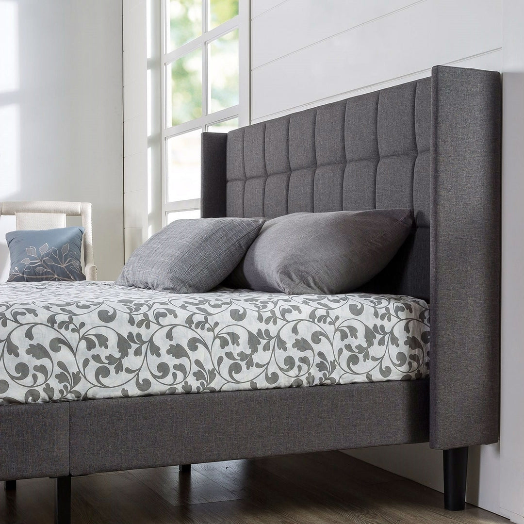 Queen size Grey Wingback Upholstered Platform Bed Image 3