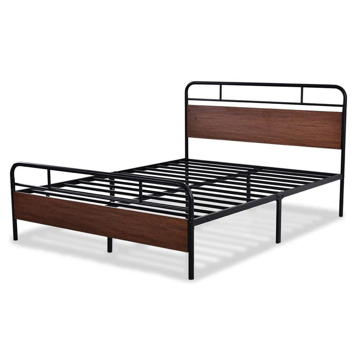 Queen Size Industrial Metal Wood Platform Bed Frame with Headboard and Footboard Image 1