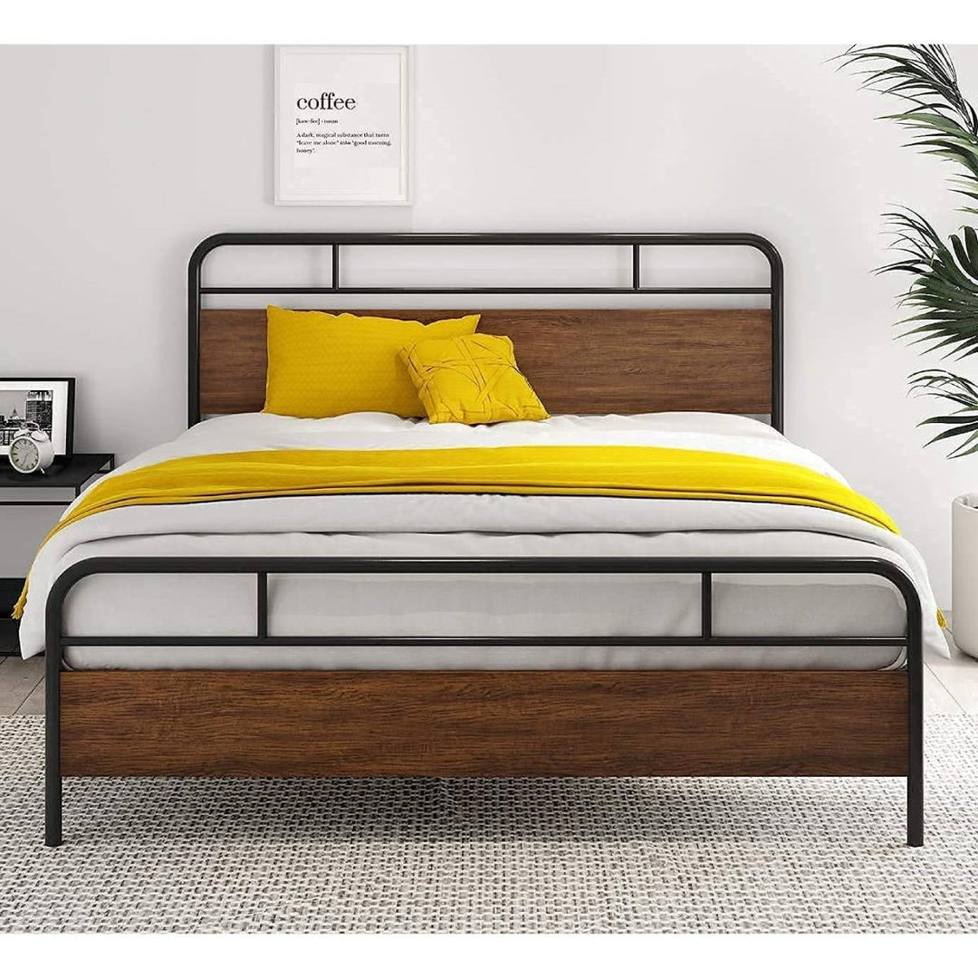 Queen Size Industrial Metal Wood Platform Bed Frame with Headboard and Footboard Image 2