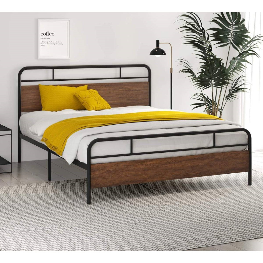 Queen Size Industrial Metal Wood Platform Bed Frame with Headboard and Footboard Image 3