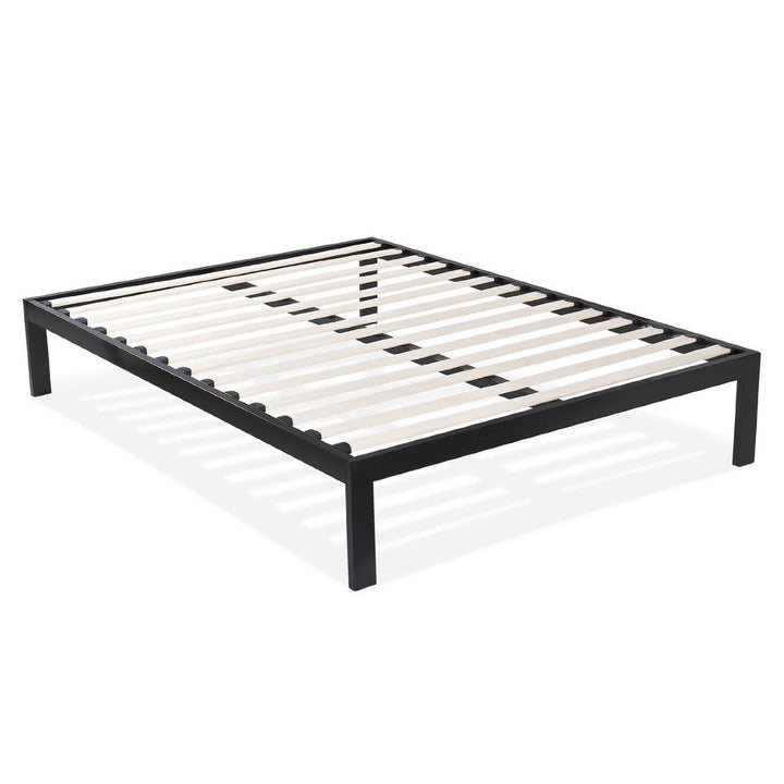 Queen size Modern Black Metal Platform Bed Frame with Wood Slats Image 1