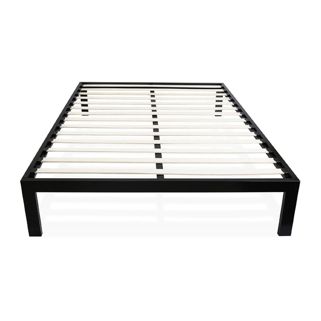 Queen size Modern Black Metal Platform Bed Frame with Wood Slats Image 2