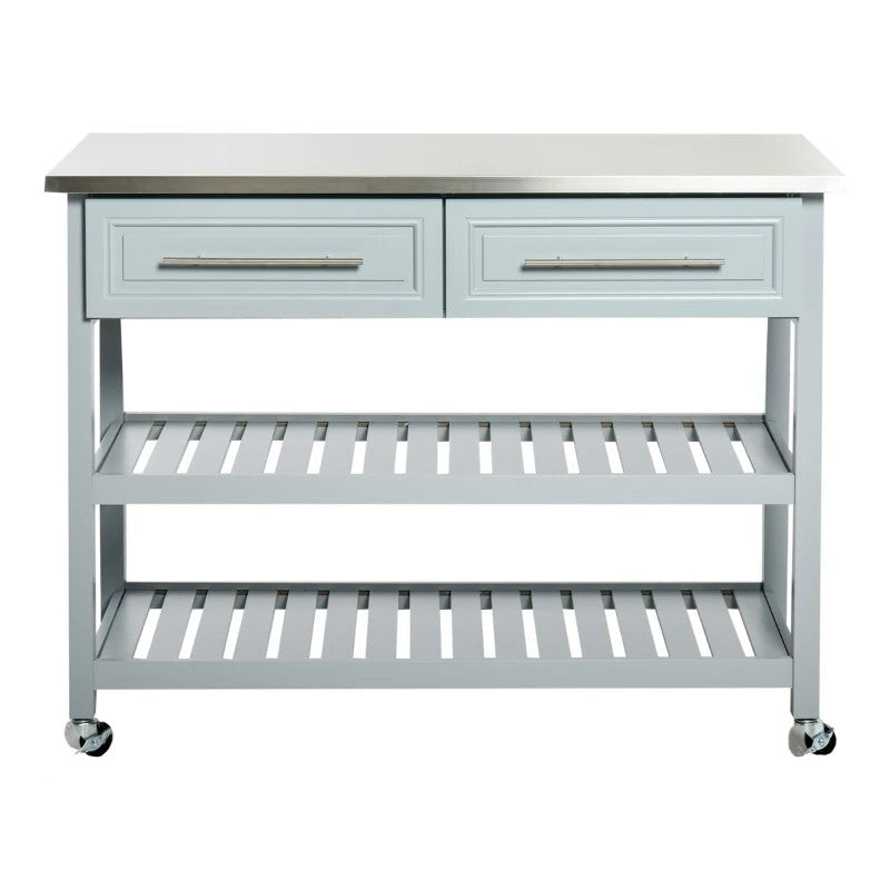 Light Gray Rolling Kitchen Island 2 Drawers Storage with Stainless Steel Top Image 1